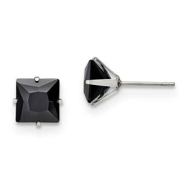 Stainless Steel Polished Black Square Cubic Zirconia Stud Post Earrings in Steel and Variety of Options 